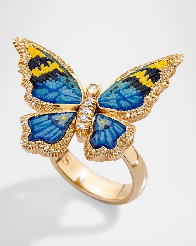 18K Nymphalia Gold Banded Forester Ring with Micro Mosaic, Diamonds and Yellow Sapphires